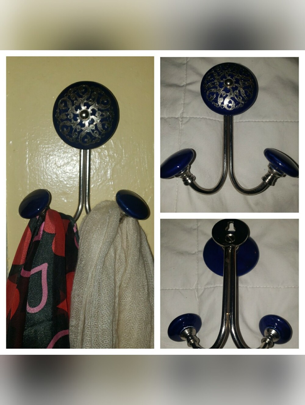 Decorative Cobalt Blue and Silver Wall Hook -